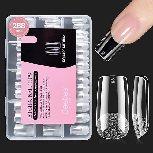 Beetles Gel Nail Tips Etch-X, Square Medium, 288Pcs 12 Sizes, Pre-Etched Half Matte Soft Acrylic False Nail Tips Full Cover Easy DIY Fake Press On Nail Extension Salon Gift for Women - Image 1