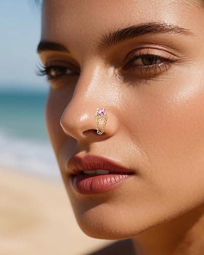 BSJ4U Nose Rings L Shaped for Women Nose Piercings 20G Surgical Stainless Steel Gold Plated Nose Studs Pink Red CZ Heart Butterfly Flower Cherry Bow Moon Dangle Nose Piercing Jewelry thumbnail 3