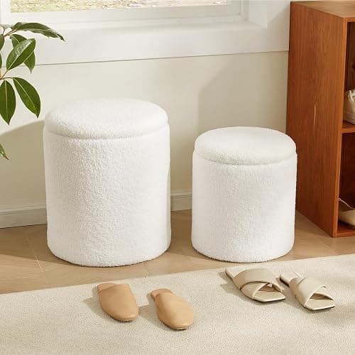 Royal Windsor Boucle Round Ottoman with Storage Set of 2,Small Foot Stool Ottoman for Living Room, Small Coffee Table,Vanity Stool with Storage for Bedroom, White thumbnail 9
