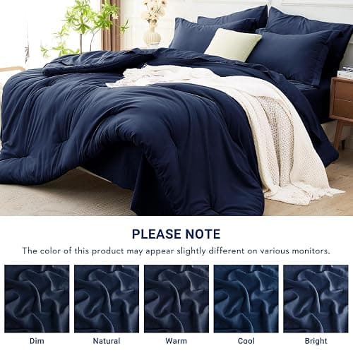 MUXHOMO 7 Pieces Full Comforter Set, Soft Bed in a Bag Full Size, All Season Bedding Set with Comforter, Flat Sheet, Fitted Sheet, Pillowcases & Shams, Navy Blue thumbnail 8