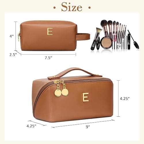 KKXIU Initial Makeup Bag for Women - Personalized Makeup Bag Gifts for Women, Travel Toiletry Bag with PU Leather, Open Flat Design with Top Handle, Cosmetic Bag Set with Multi-Pocket (Brown,E) thumbnail 2