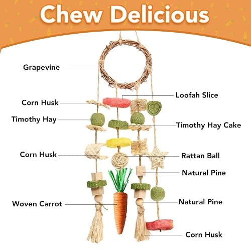 Jorewood Rabbit Chew Toys Bunny Cage Hanging Toy and Treats Rattan Ring with Snacks for Rodent Pets Teeth Healthy thumbnail 5