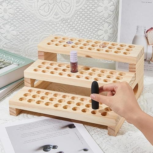 SUPERFINDINGS 1 Set 90 Slots Wooden Lipsticks Holder 3 Tier Tube Display Shelf Wood Tool Rack Wooden Essential Oil Display Storage Organizer for Cosmetic Lip Gloss Tool, Slot Diameter: 0.8" thumbnail 2
