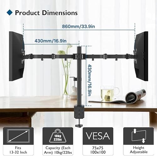 BONTEC Dual Monitor Desk Mount, Full Motion Adjustable Monitor Stand for 13–27 Inch Screens, Heavy Duty Arms Hold Up to 22 lbs Each, VESA 75x75/100x100 mm, C Clamp and Grommet Base, Cable Management - Black thumbnail 3