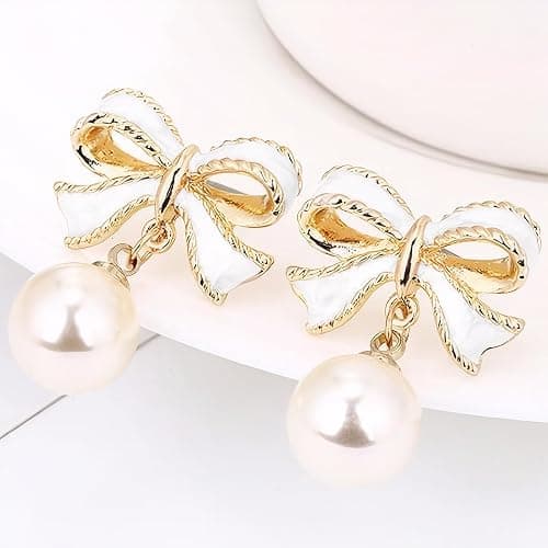 Gold Bow Earrings for Women, Long Tassel Chain Drop Earrings, Trendy Small Bow Earrings, Ribbon Waterfall Dangling Earrings, Pearl Bow Earrings, Sparkly Elegant Bowknot Preppy Jewelry Gifts for Women thumbnail 2