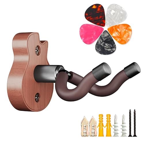 Gitarren-Wandhalterung, U-Form Gitarrenwandaufhänger, Gitarrenzubehör mit 5 Gitarrenplektren, Gitarren-Wandhalterung Aufhänger für Akustikgitarre, E-Gitarre, Banjo, Bass, Mandoline (Stil B-Rosewood) - Image 1