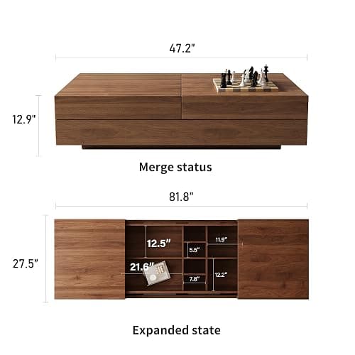 Pajiasen Mid-Century Modern Farmhouse 47.2-81.8" Expandable Coffee Table，Adjustable Center Table with Large Storage for Living Room, Walnut thumbnail 2