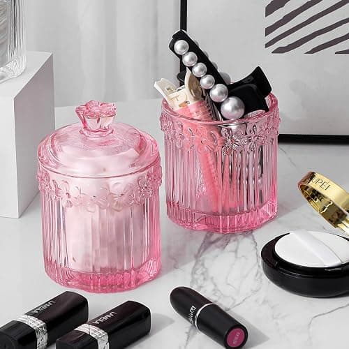 rejomiik 2 Pack Qtip Holder Glass Apothecary Jars with Lids Set Bathroom Canisters Dispenser Organizers and Storage for Cotton Swabs, Balls, Pads, Floss Picks, Candy, Pink thumbnail 6