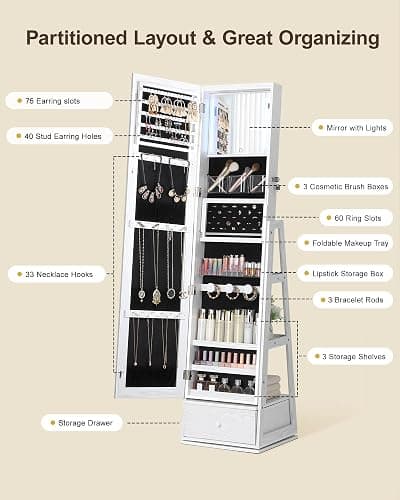 Nicetree 360°Swivel Mirror Jewelry Cabinet, LED Jewelry Cabinet Armoire, Standing Jewelry Mirror Organizer with Storage, Rear Shelves, Interior Mirror, Drawer, Black Lining thumbnail 6