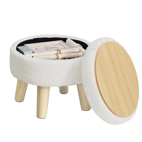 SONGMICS Storage Ottoman, Foot Stool, Round Ottoman with Padded Seat, Foot Rest with Wood Legs, Small Table, for Hallway, Living Room, 12.2 Inches, Teddy Fleece, White ULOM515WD01 - Image 1