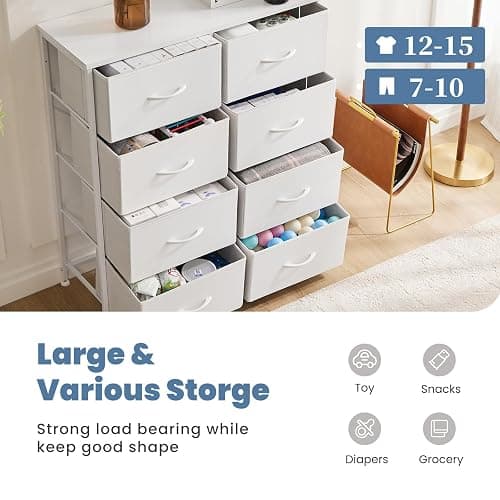 DUMOS Dresser for Bedroom with 8 Fabric Drawers, Tall Chest Organizer Units for Clothing, Closet, Kidsroom, Storage Tower with Cabinet, Metal Frame, Wooden Top, Lightweight Nursery Furniture, White thumbnail 4