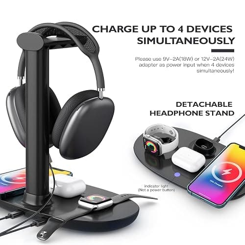 Headphone Stand with 15w Wireless Charger, Suguder 4 in 1 Charging Station Headset Holder for AirPods Max/Pro/4/3/2 iWatch 10/9/8/7/6/5/4/3/2/1/SE iPhone 16/15/14/13/12/11/X for Desktop Table Game thumbnail 3