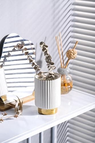 IEEK Makeup Brush holder Organizer,Glass Cosmetic Makeup Brush Cup Ceramics Brushes Storage Holder,White and Gold Modern Make Up Brush Cup Pen Pencil Holder Striped Vase thumbnail 4