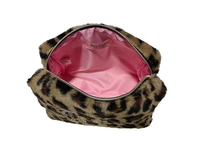 Juicy Couture Brown Makeup Bag Cosmetics Organizer Travel Essentials Zip Top Wedge Leopard Print Faux Fur Rhinestone thumbnail 2