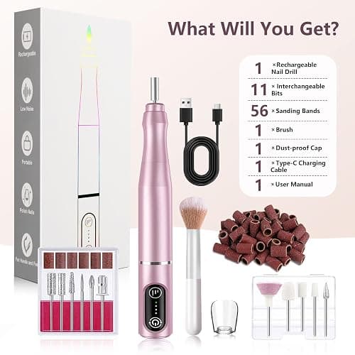 TUOBEO Cordless Nail Drill Electric Rechargeable File Kit, Professional Efile Acrylic Gel Nail Polish Remover Pedicure Manicure Machine Portable Set with 11 Bits 56 Sanding Bands (Pink) thumbnail 9