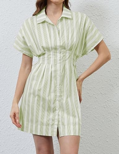 Ceputer Summer Button Down Shirt Dress for Women Short Sleeve Pleated Mini Dresses Causal A Line Flowy Corset Short Dress thumbnail 3