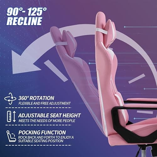 Pink Gaming Chair High-Back Office Chair Ergonomic Video Game Chairs Height Adjustable Reclining Computer Chair with Lumbar Support Armrest Headrest Swivel Chair Game Chair for Adult Teen - Pink thumbnail 6