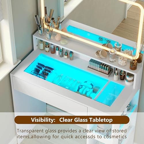 HuaYing Makeup Vanity Desk with Mirror and Lights, LED Tempered Glass Top, 3 Lighting Modes Brightness Adjustable,Power Outlet,Bedroom Dressing Table, Snow White thumbnail 5