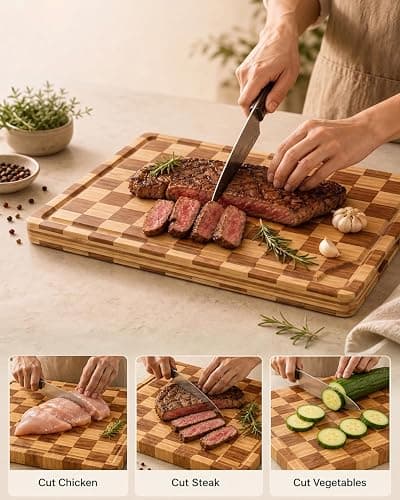 Checkered Cutting Board Set with Holder, Set of 3 End Grain Butcher Block Boards for Kitchen, Bamboo Serving Board with Handle for Cheese, Charcuterie, Meat, Fruit and Meal Prep thumbnail 9