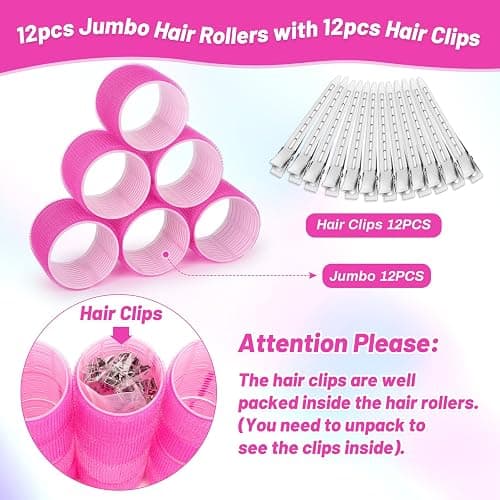 Jumbo Hair Curlers Rollers, 12Pcs 60mm Jumbo Hair Roller Curlers Self Grip Holding Rollers with 12Pcs Hair Clips for Long Straight Thick Hair (Rose Red) thumbnail 6