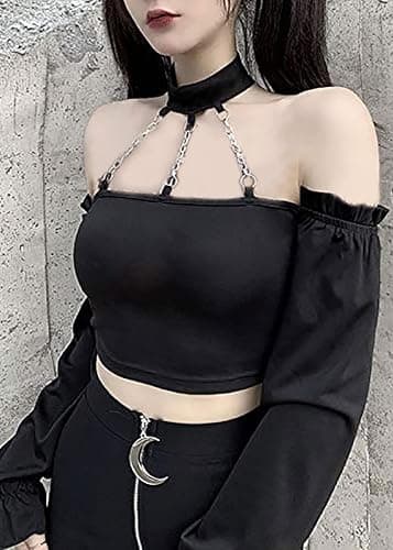 Dark Punk Crop Top with Chains Women Punk Off Shoulder Hollow Out Solid Backless Long Sleeve Tops thumbnail 3