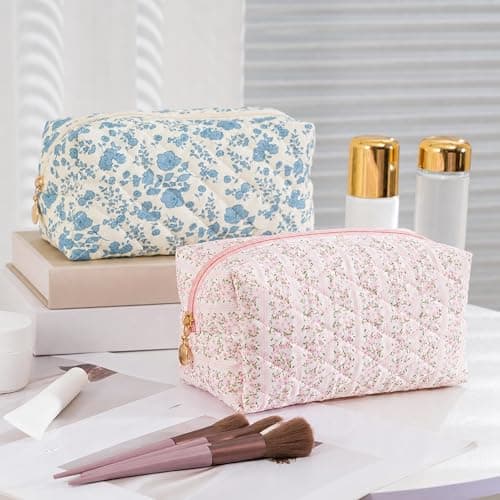 UUYUUY Makeup Bag Travel Toiletry Bag for Women, Small Cosmetic Bags Cute Quilted Cotton Makeup Pouch for Purse Emergency Bag Pencil Case Accessory Bag, Pastel Pink thumbnail 7