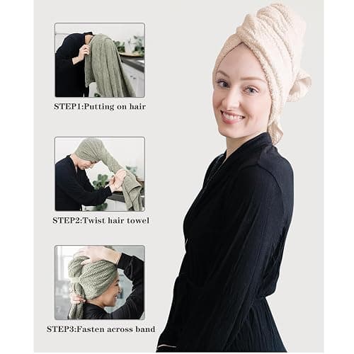ROLSHOL 2 Packs Large Microfiber Hair Towels for Women, Super Absorbent & Quick Dry Hair Towel Wrap for Curly Hair Long & Short Hair- Anti-Frizz Hair Turbans for Wet Hair (Green & Clay) thumbnail 3