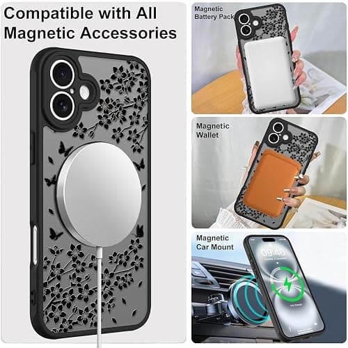 Heaofei Cute Case for iPhone 16 Plus Case with Stand [ Compatible with MagSafe ] Kawaii Black Cat & Floral & Butterflies Pattern Design 360 Magnetic Ring Kickstand Phone Cover for Women Girls Boys thumbnail 4