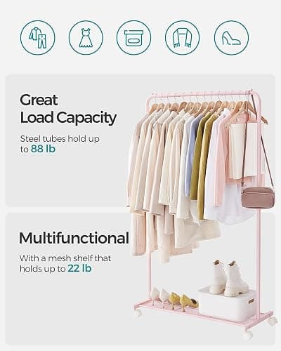 SONGMICS Clothes Rack with Wheels, Clothing Rack for Hanging Clothes, 25.4mm Metal Garment Rack with Dense Mesh Storage Shelf, 110 lb Load Capacity, 2 Brakes, Pink UHSR025P01 thumbnail 5