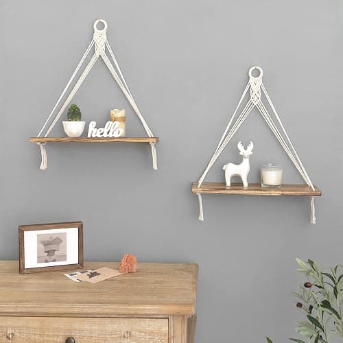 Mkono Macrame Hanging Shelves Boho Wall Decor Set of 2 Rustic Wood Floating Storage Shelf for Bedroom Bathroom Living Room Nursery Dorm Room, Display Shelving for Hanging Plants Photos thumbnail 4