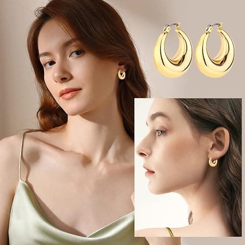 HILXURY Gold Chunky Hoop Earrings Set for Women, 14K Gold Plated Twisted Huggie Hoop Earring Hypoallergenic, Thick Open Hoops Set Lightweight thumbnail 2