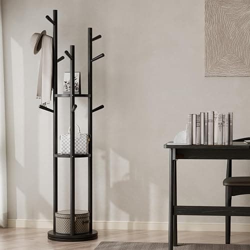 Muwuele Solid Wood Rotary Coat Rack, Freestanding Coat Rack with 3 Shelves and 9 Hooks, Coat tree for Bedroom, Entryway, Livingroom, Coat Hanger Stand for Coats, Scarves, Handbags (Black) thumbnail 7