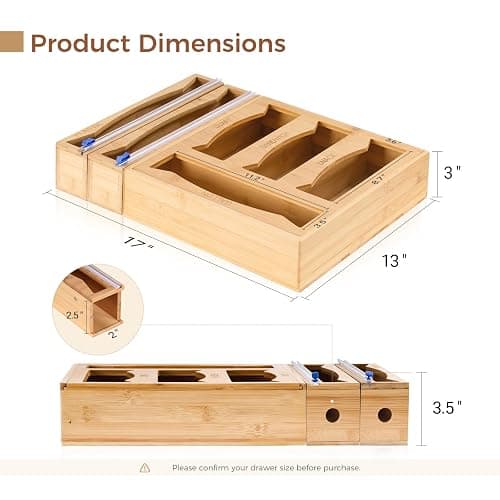 6-in-1 Bamboo Kitchen Drawer Organizer for Storage Bag, Foil & Plastic Wrap thumbnail 2