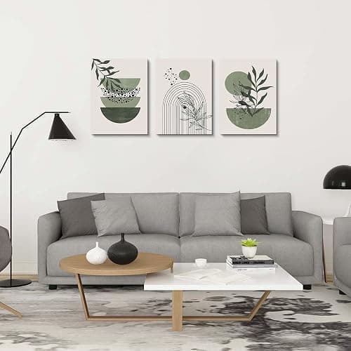 Sage Green Wall Posters & Prints, Green Boho Wall Art Set of 3, Minimalist Framed Wall Art Geometric Line Leaf Sun Moon Beige Green Canvas Artwork Paintings thumbnail 4