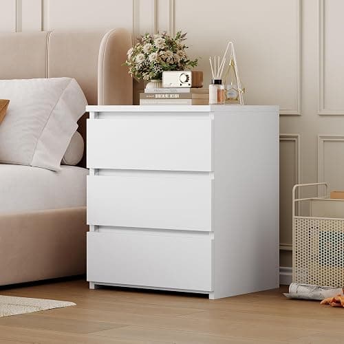 FOTOSOK White Nightstand with 3 Drawers, White Bedside Table Night Stand for Bedroom with Cut-Out Handle, Sofa Side Table 3 Drawer Nightstand for Bedroom, 17.7W*15D*21.7H thumbnail 7