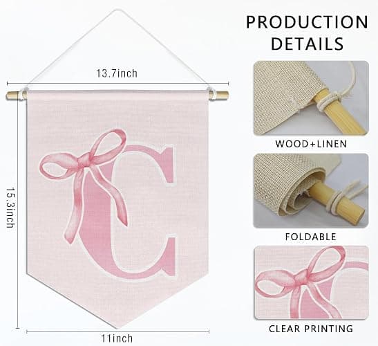 foedor initial Personalized Preppy Canvas Hanging Pennant Flag Banner, Coquette Pink Bow Teen Girl Gifts,Trendy Cute Monogrammed Gifts Wall Decor for Women Teen Girl Nursery bedroom(C) - pinkC thumbnail 3