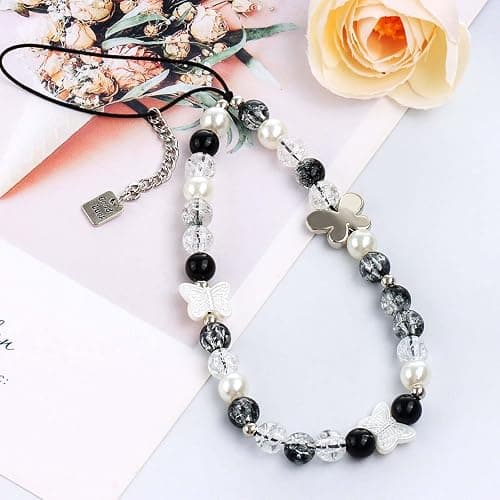 Draupnir 4pcs Phone Charms Strap, Butterfly Bow Camera Strap Wrist Beaded Phone Bracelet Wrist Straps, Pearl Bracelet Lanyard Keychain Charm for Women thumbnail 6