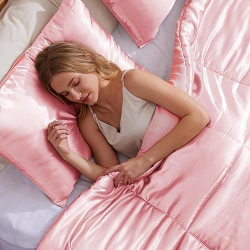 Whale Flotilla 3-Piece Reversible Silky Soft Queen Comforter Bedding Set, Luxurious Satin Comforters Full Size with 2 Satin Pillowcases, Lightweight Duvet for All Seasons, Pink thumbnail 4