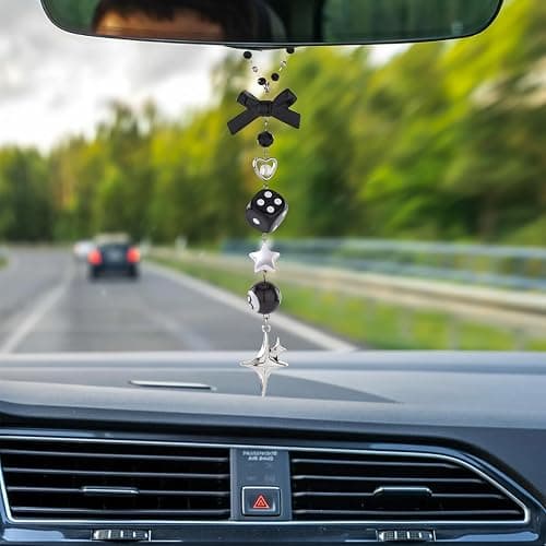 LuneClat Black Bow Car Mirror Chain Y2k 8 Ball Star Beaded Hanging Charm | Y2k Aesthetic Hanging Charm With 8 Ball And Star Pendant. Beaded Car Rearview Mirror Chain. Cute Car Interior Decor thumbnail 2