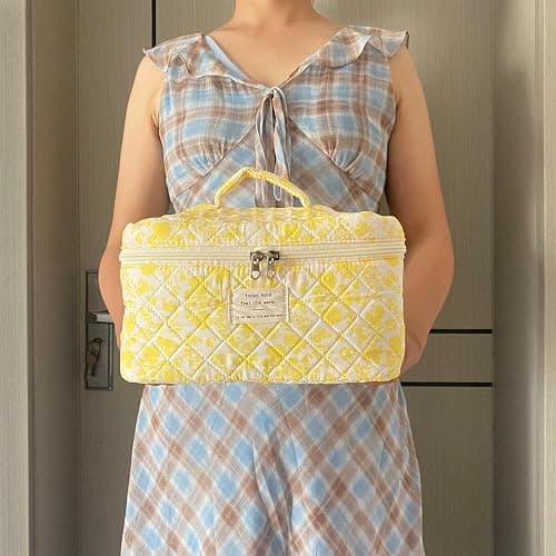 WYJ Yellow Large Quilted Floral Makeup Bag Cute Soft Coquette Aesthetic Cosmetic Bag Cotton Travel Toiletry Bag for Women thumbnail 5