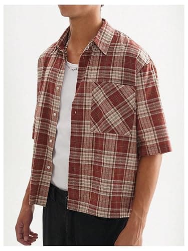 GORGLITTER Men's Plaid Cropped Shirt Gingham Button Up Short Sleeve Checkered Vintage Streetwear Crop Tops Tee thumbnail 2