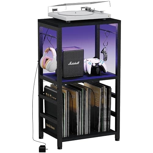 YAKANJ End Table with LED Light,Record Player Stand with Albums Storage,Vinyl Records Storage,Turntable Stand Side Table for Music Room Studio Living Room Bedroom-Modern Black - Image 1