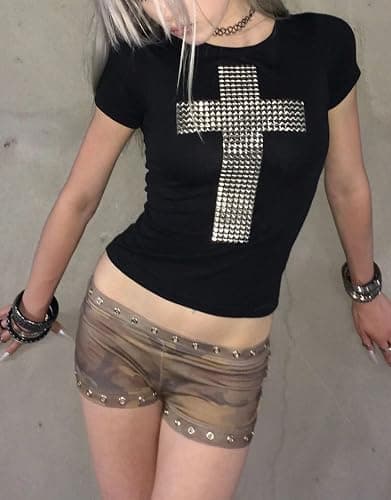 BAIMORE Women's Y2K Gothic Retro Punk 3D Studded Cross Rhinestone Print Slim-Fit Cropped T-Shirt for Streetwear Looks thumbnail 4