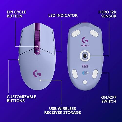 Logitech G305 LIGHTSPEED Wireless Gaming Mouse, Hero 12K Sensor, 12,000 DPI, Lightweight, 6 Programmable Buttons, 250h Battery Life, On-Board Memory, PC/Mac - Lilac thumbnail 6