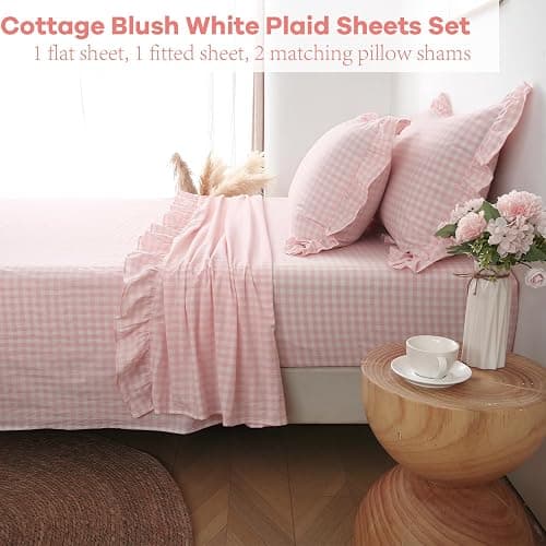 K MASANIJI Peach Blush White Plaid Ruffle Gingham Sheets Twin XL Size 4-Piece Set, 300TC 100% Yarn Dyed Linen Feel Cotton Sheets 18 in Deep Pocket Kids Preppy Bedding (Blush/White Plaid, Twin XL) thumbnail 2