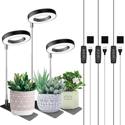 Aokrean Plant Grow Light, 48 LEDs Full Spectrum Grow Lights for Indoor Plants, Height Adjustable Small Halo Grow Light with Base, 3 Optional Spectrums, Auto Timer 3/9/12Hrs, 10 Brightness, 3 Pack - Image 1