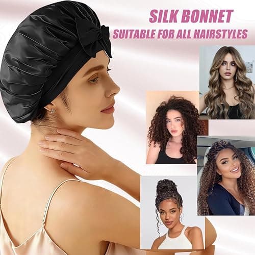 Silk Bonnet for Women, Satin Bonnet for Sleeping, Large Sleep Cap with Elastic Tie Band for Curly Hair thumbnail 6