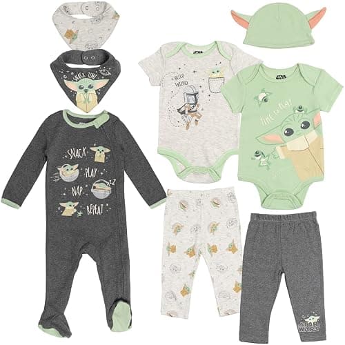 STAR WARS The Child Baby Bodysuits Sleep N' Play Coverall Pants Hat and Bibs 8 Piece Outfit Set Newborn to Infant - Image 1