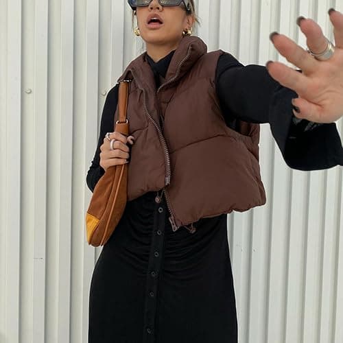 Shiyifa Women's Fashion High Neck Zipper Cropped Puffer Vest Jacket Coat thumbnail 4
