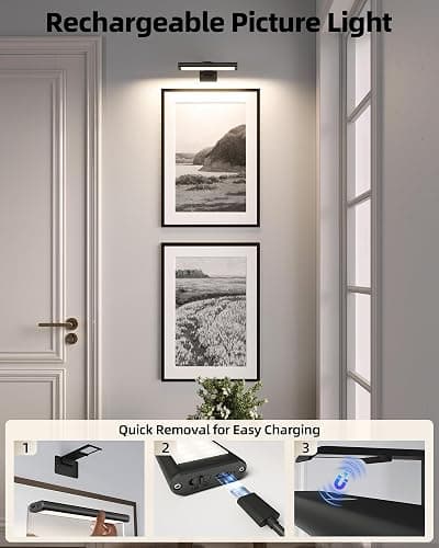 EZVALO Picture Light for Wall, Rechargeable 2400mAh Battery Lights Wireless with IR Remote, 3 Color & Dimmable Magnetic 7.8'' LED Lights Display for Painting, Living Room, Gallery, Bedroom(Black-3P) thumbnail 7